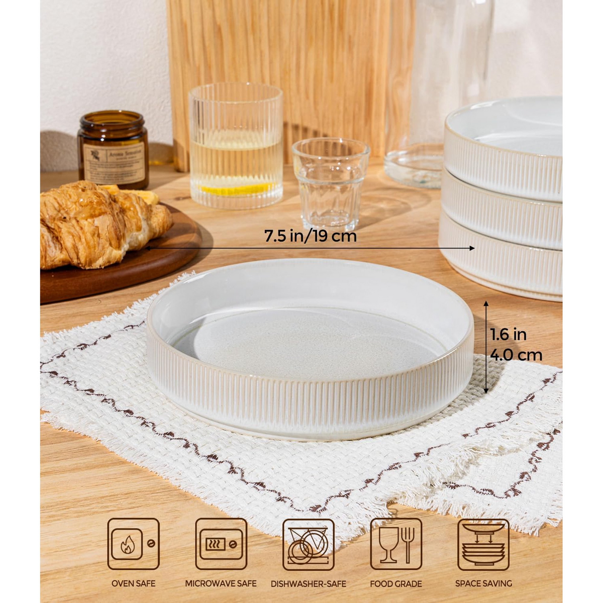 Theterra 7.5'' Ceramic Pasta Bowls, Salad Bowls Set of 4, Stoneware Serving Bowls for Fruits, Noodle, Dinner, House-warming Wedding Present, Reactive White