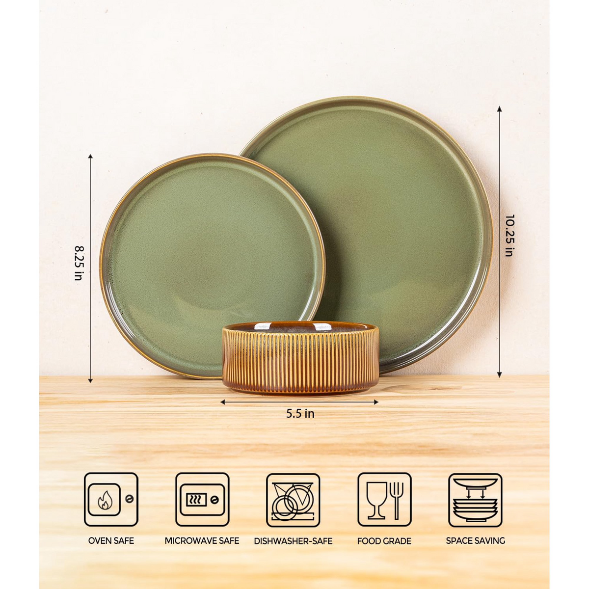 TheTerra Ceramic Dinnerware Sets for 4, 12 Pieces Porcelain Lightweight Plates and Bowls Sets, Scratch Resistant Dish Set, Oven & Microwave & Dishwasher Safe, Sage Umber