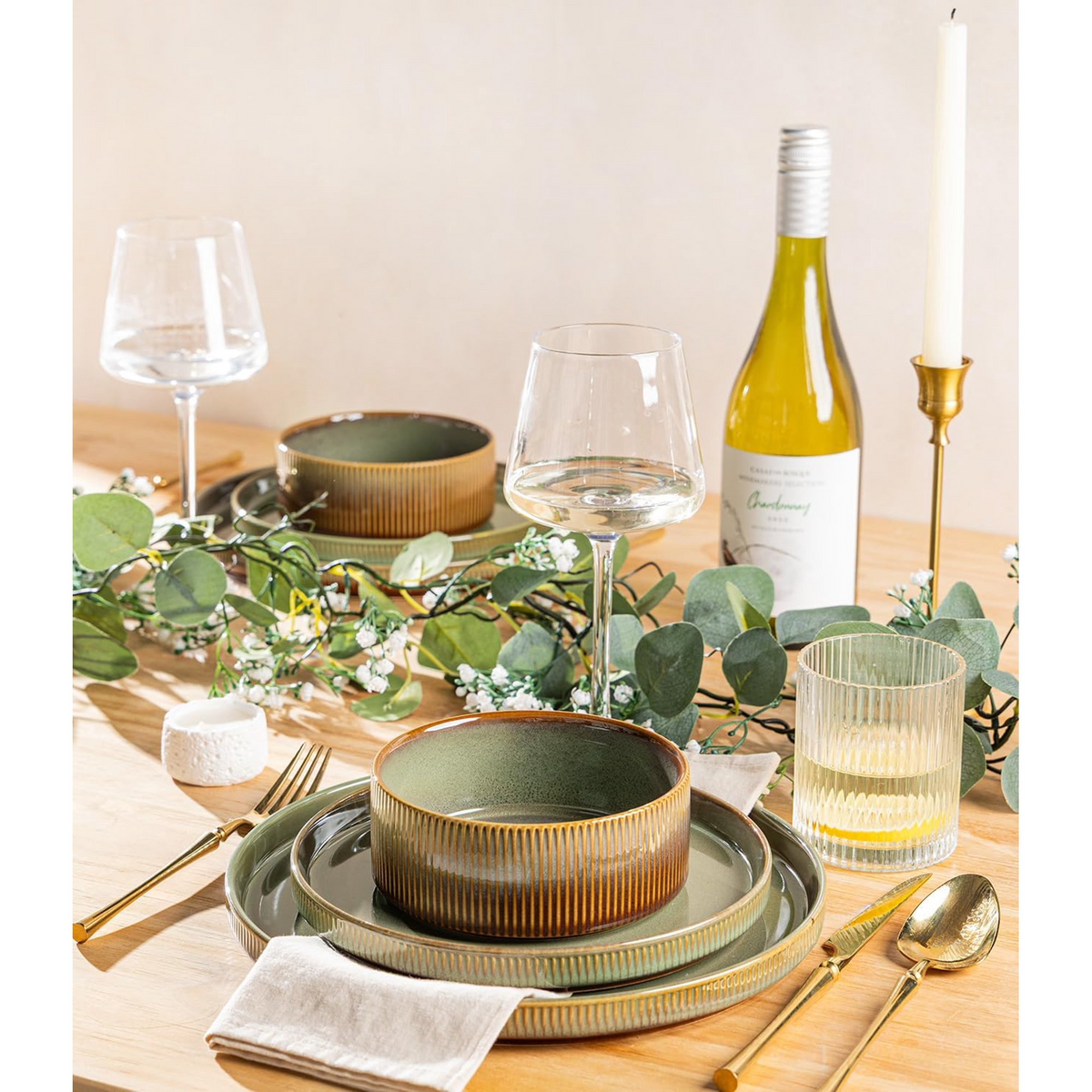 TheTerra Ceramic Dinnerware Sets for 4, 12 Pieces Porcelain Lightweight Plates and Bowls Sets, Scratch Resistant Dish Set, Oven & Microwave & Dishwasher Safe, Sage Umber