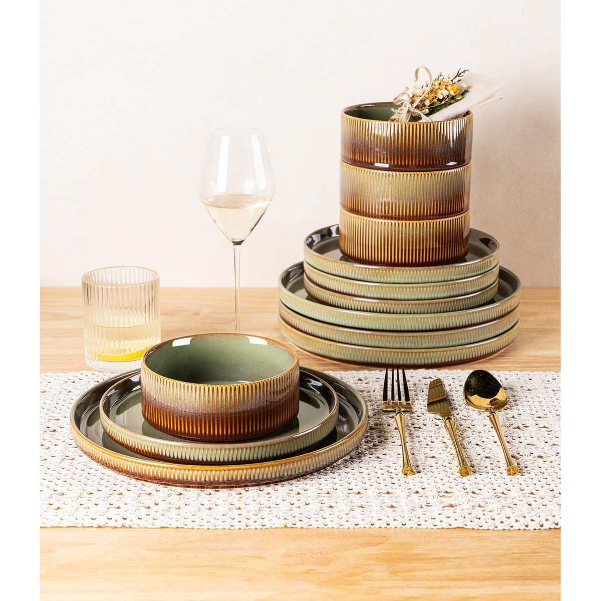 TheTerra Ceramic Dinnerware Sets for 4, 12 Pieces Porcelain Lightweight Plates and Bowls Sets, Scratch Resistant Dish Set, Oven & Microwave & Dishwasher Safe, Sage Umber
