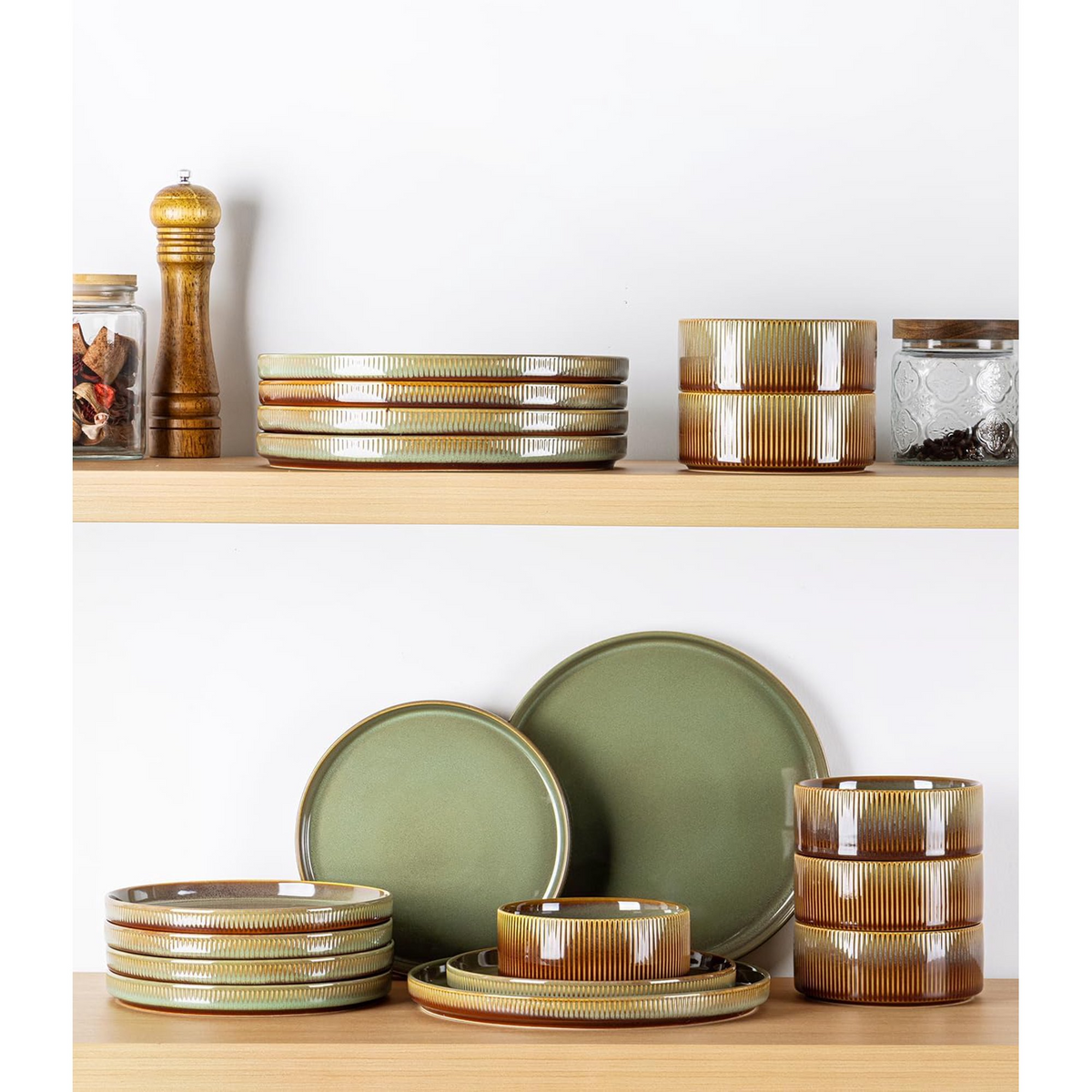 TheTerra Ceramic Dinnerware Sets for 4, 12 Pieces Porcelain Lightweight Plates and Bowls Sets, Scratch Resistant Dish Set, Oven & Microwave & Dishwasher Safe, Sage Umber