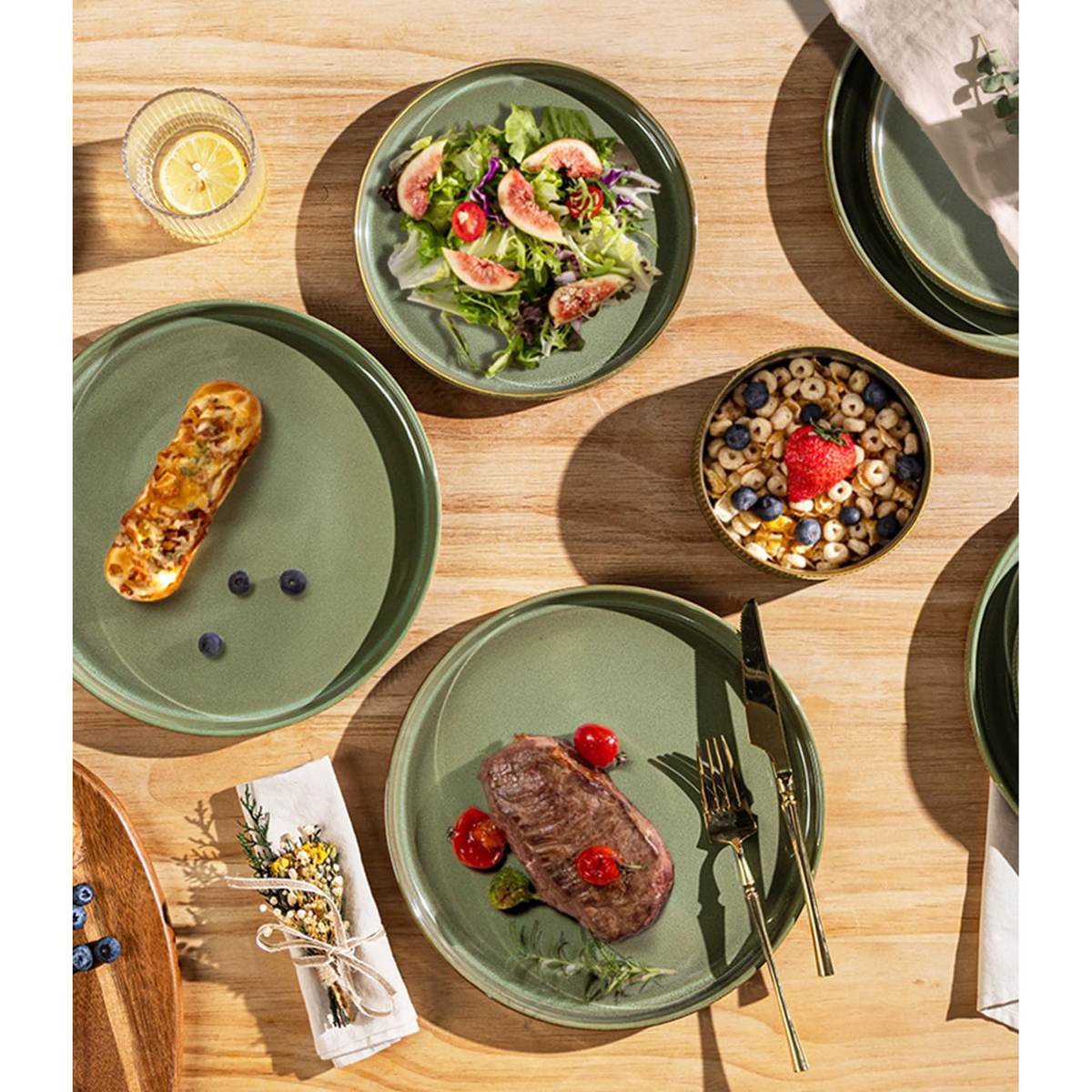 TheTerra Ceramic Dinnerware Sets for 4, 12 Pieces Porcelain Lightweight Plates and Bowls Sets, Scratch Resistant Dish Set, Oven & Microwave & Dishwasher Safe, Sage Umber