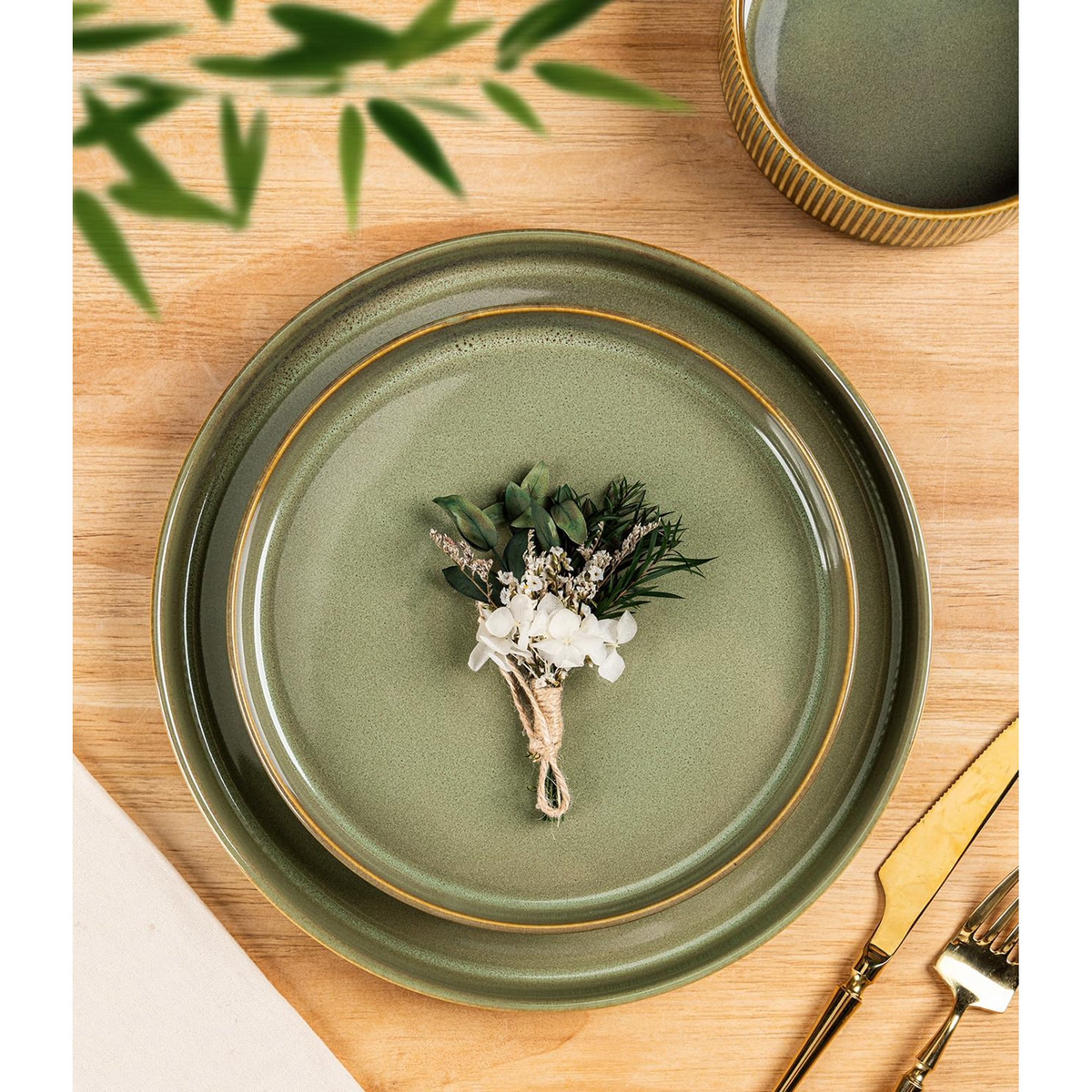 TheTerra Ceramic Dinnerware Sets for 4, 12 Pieces Porcelain Lightweight Plates and Bowls Sets, Scratch Resistant Dish Set, Oven & Microwave & Dishwasher Safe, Sage Umber