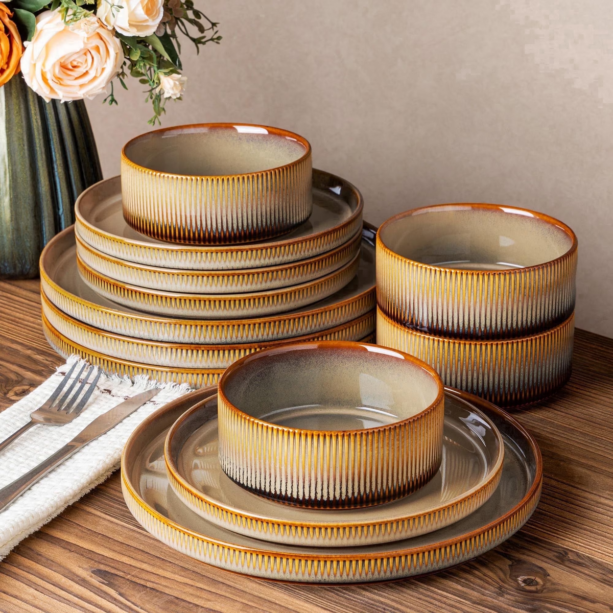 TheTerra Ceramic Dinnerware Sets for 4, 12 Pieces Porcelain Lightweight Plates and Bowls Sets, Scratch Resistant Dish Set, Oven & Microwave & Dishwasher Safe, Creamy Amber