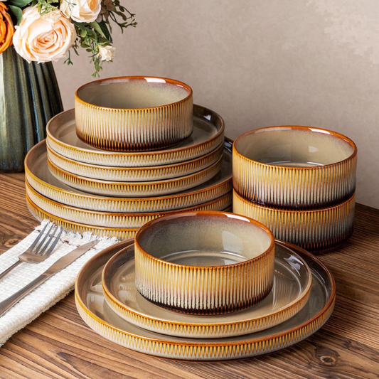 TheTerra Ceramic Dinnerware Sets for 4, 12 Pieces Porcelain Lightweight Plates and Bowls Sets, Scratch Resistant Dish Set, Oven & Microwave & Dishwasher Safe, Creamy Amber