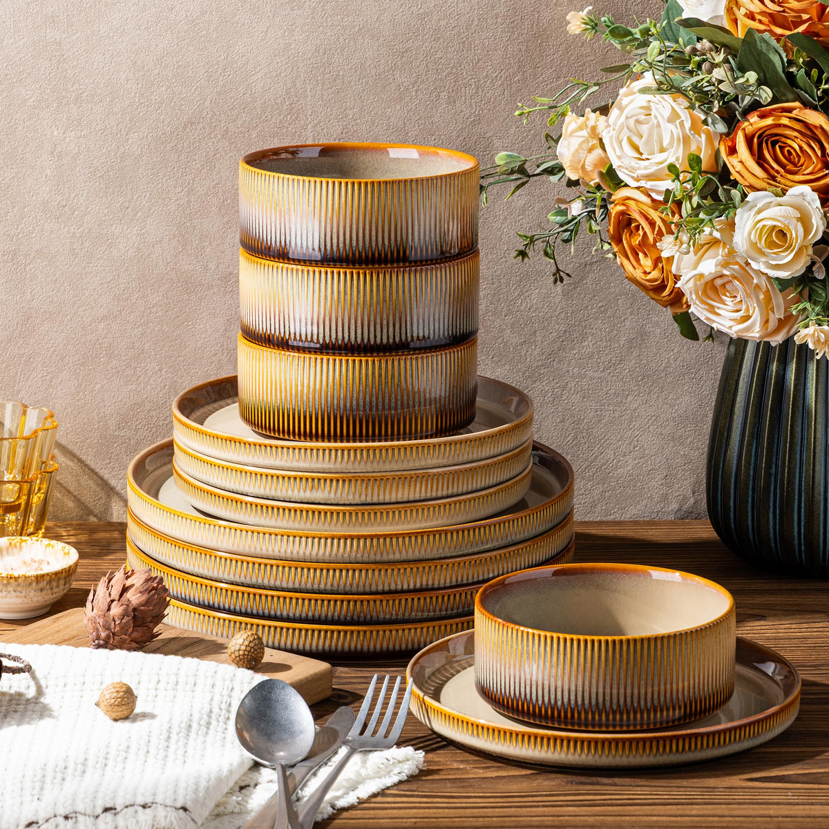 TheTerra Ceramic Dinnerware Sets for 4, 12 Pieces Porcelain Lightweight Plates and Bowls Sets, Scratch Resistant Dish Set, Oven & Microwave & Dishwasher Safe, Creamy Amber