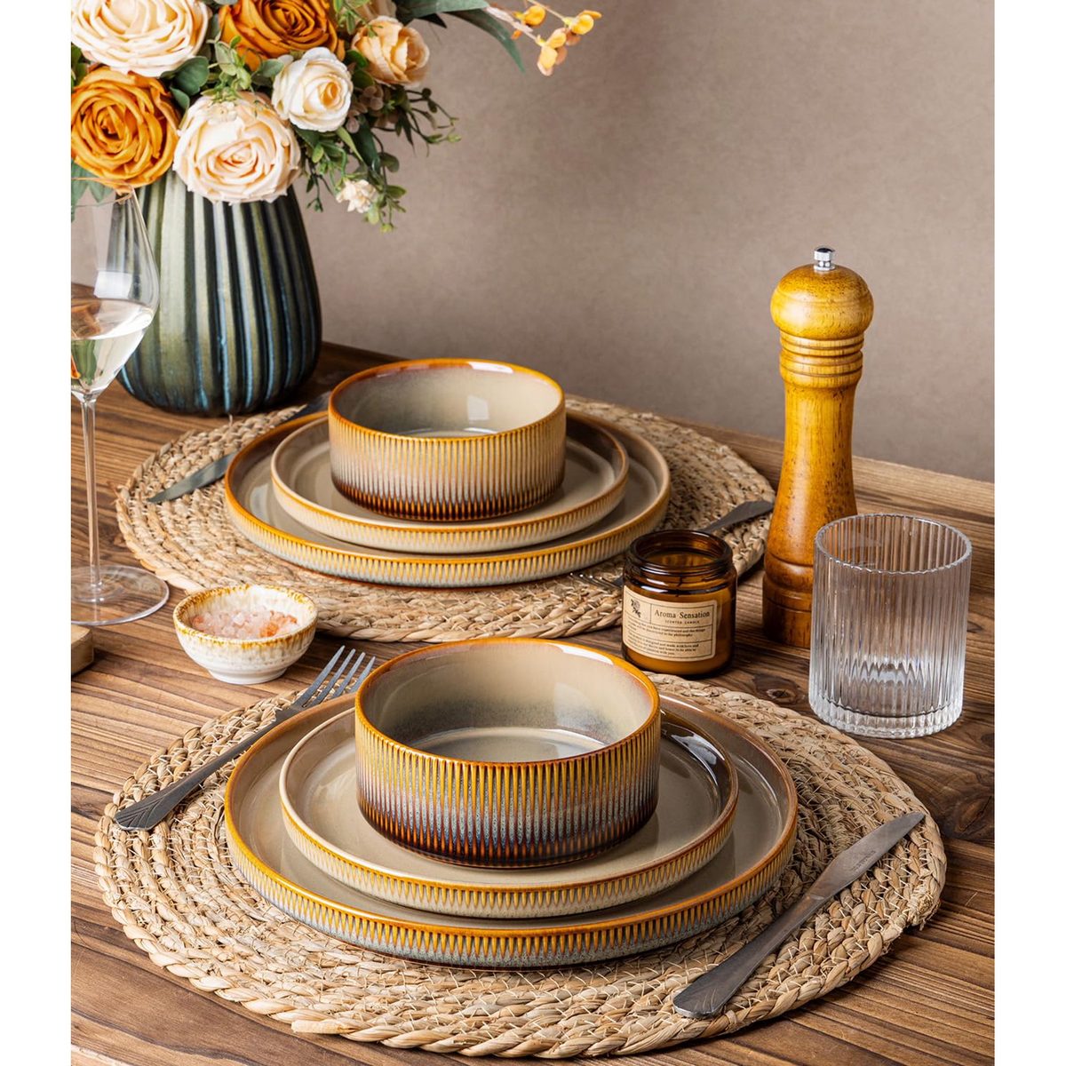 TheTerra Ceramic Dinnerware Sets for 4, 12 Pieces Porcelain Lightweight Plates and Bowls Sets, Scratch Resistant Dish Set, Oven & Microwave & Dishwasher Safe, Creamy Amber