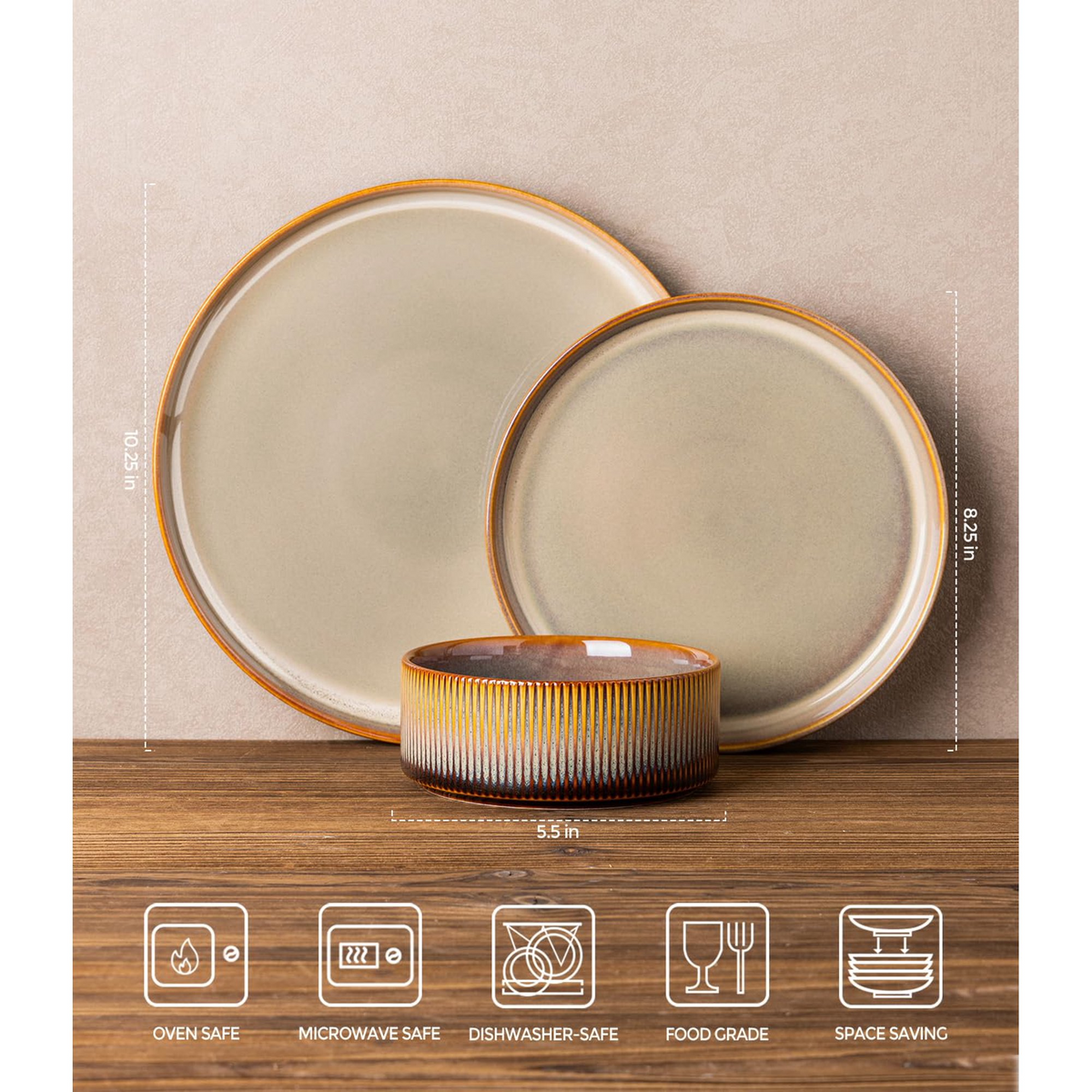 TheTerra Ceramic Dinnerware Sets for 4, 12 Pieces Porcelain Lightweight Plates and Bowls Sets, Scratch Resistant Dish Set, Oven & Microwave & Dishwasher Safe, Creamy Amber