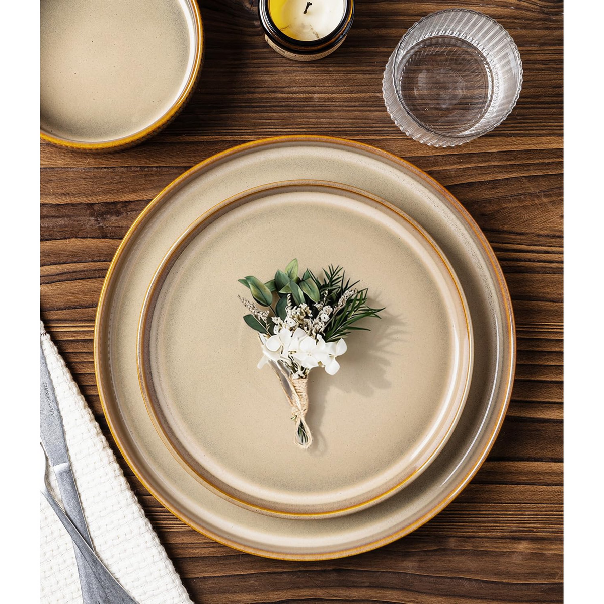 TheTerra Ceramic Dinnerware Sets for 4, 12 Pieces Porcelain Lightweight Plates and Bowls Sets, Scratch Resistant Dish Set, Oven & Microwave & Dishwasher Safe, Creamy Amber