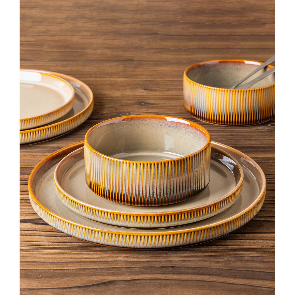 TheTerra Ceramic Dinnerware Sets for 4, 12 Pieces Porcelain Lightweight Plates and Bowls Sets, Scratch Resistant Dish Set, Oven & Microwave & Dishwasher Safe, Creamy Amber