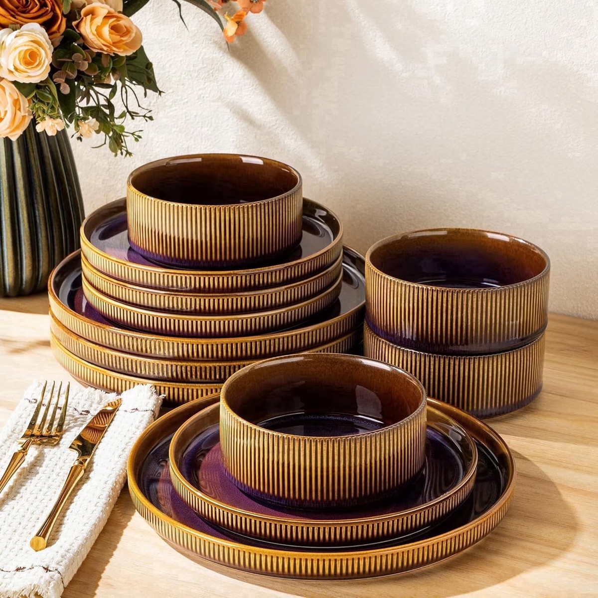 TheTerra Ceramic Dinnerware Sets for 4, 12 Pieces Porcelain Lightweight Plates and Bowls Sets, Scratch Resistant Dish Set, Oven & Microwave & Dishwasher Safe, Amber Amethyst