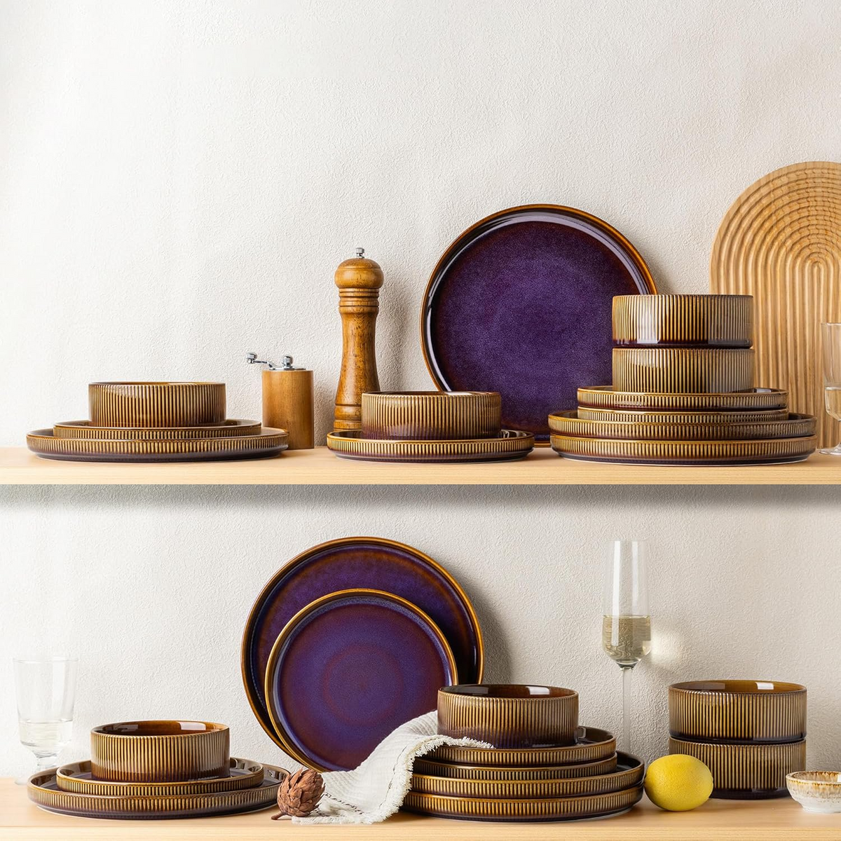 TheTerra Ceramic Dinnerware Sets for 4, 12 Pieces Porcelain Lightweight Plates and Bowls Sets, Scratch Resistant Dish Set, Oven & Microwave & Dishwasher Safe, Amber Amethyst