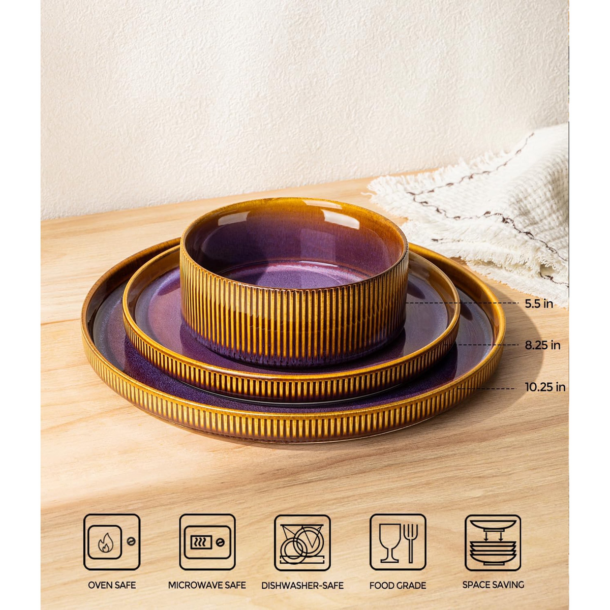 TheTerra Ceramic Dinnerware Sets for 4, 12 Pieces Porcelain Lightweight Plates and Bowls Sets, Scratch Resistant Dish Set, Oven & Microwave & Dishwasher Safe, Amber Amethyst