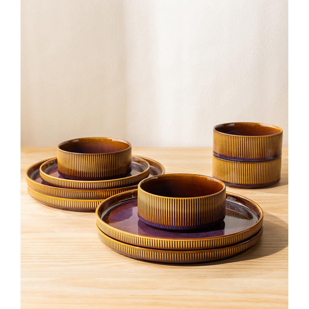 TheTerra Ceramic Dinnerware Sets for 4, 12 Pieces Porcelain Lightweight Plates and Bowls Sets, Scratch Resistant Dish Set, Oven & Microwave & Dishwasher Safe, Amber Amethyst