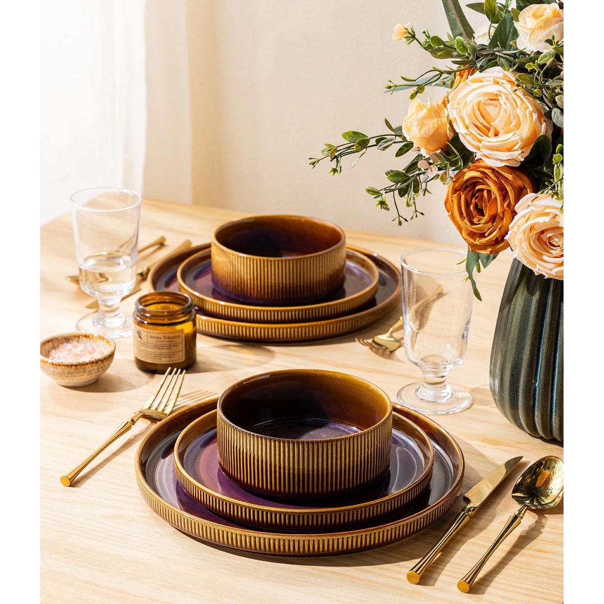 TheTerra Ceramic Dinnerware Sets for 4, 12 Pieces Porcelain Lightweight Plates and Bowls Sets, Scratch Resistant Dish Set, Oven & Microwave & Dishwasher Safe, Amber Amethyst