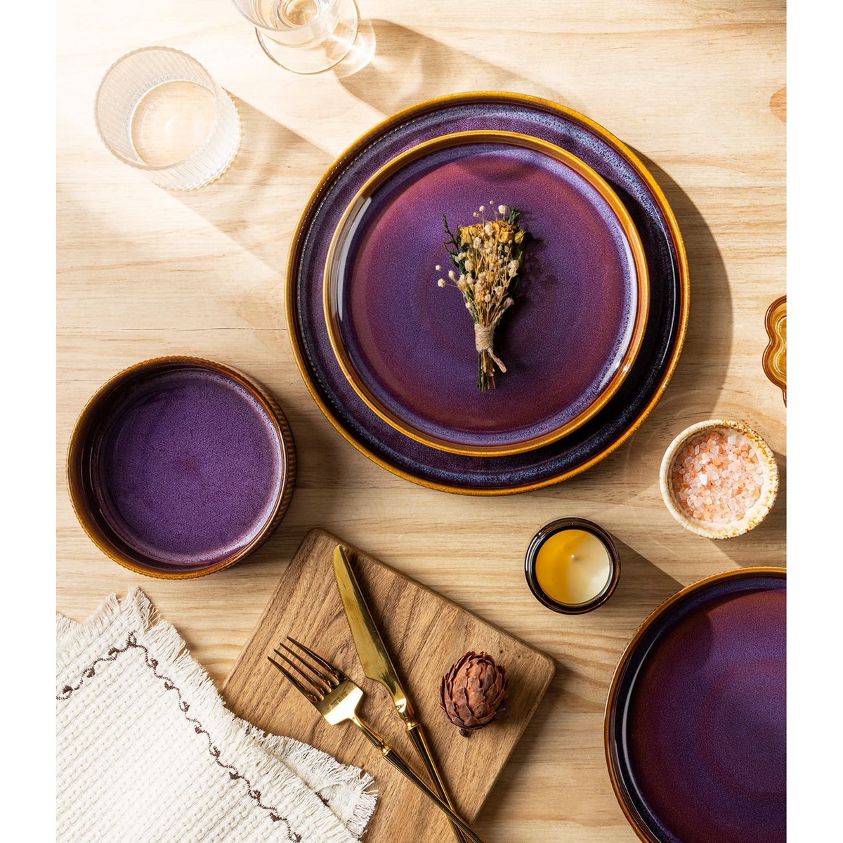 TheTerra Ceramic Dinnerware Sets for 4, 12 Pieces Porcelain Lightweight Plates and Bowls Sets, Scratch Resistant Dish Set, Oven & Microwave & Dishwasher Safe, Amber Amethyst