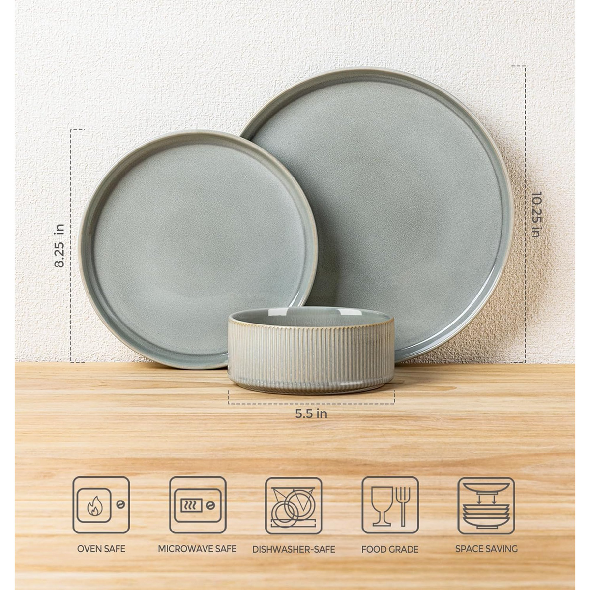 TheTerra Ceramic Dinnerware Sets for 4, 12 Pieces Porcelain Lightweight Plates and Bowls Sets, Scratch Resistant Dish Set, Oven & Microwave & Dishwasher Safe, Desert Sage