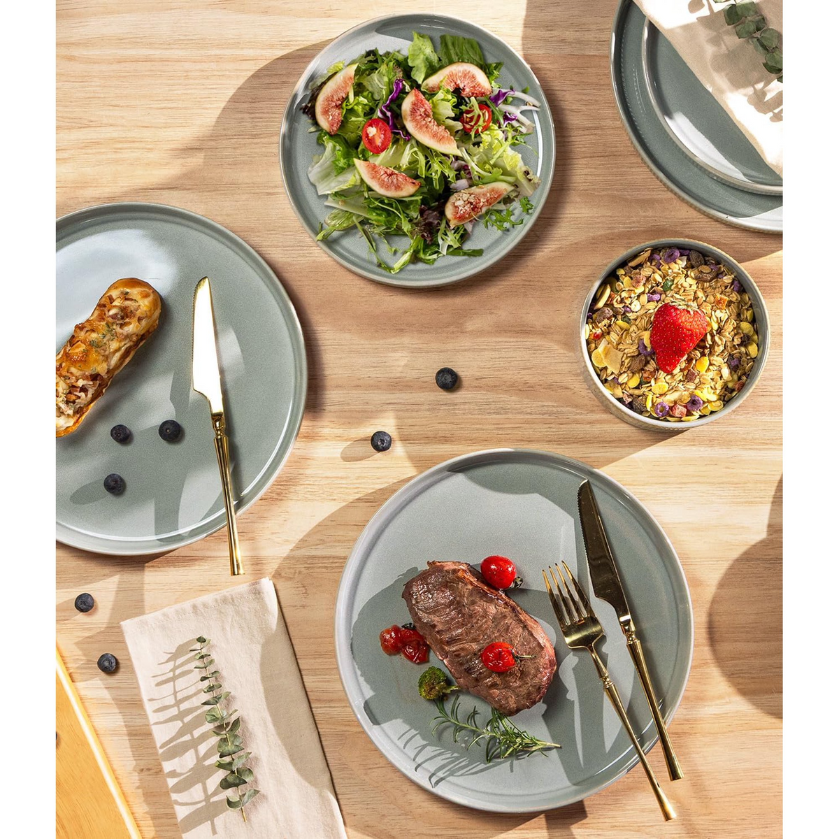 TheTerra Ceramic Dinnerware Sets for 4, 12 Pieces Porcelain Lightweight Plates and Bowls Sets, Scratch Resistant Dish Set, Oven & Microwave & Dishwasher Safe, Desert Sage