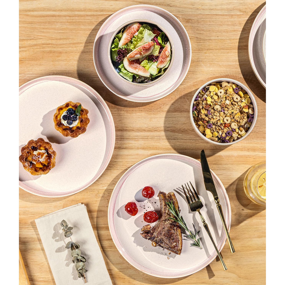 TheTerra Ceramic Dinnerware Sets for 4, 12 Pieces Porcelain Lightweight Plates and Bowls Sets, Scratch Resistant Dish Set, Oven &amp; Microwave &amp; Dishwasher Safe, Primrose Pink