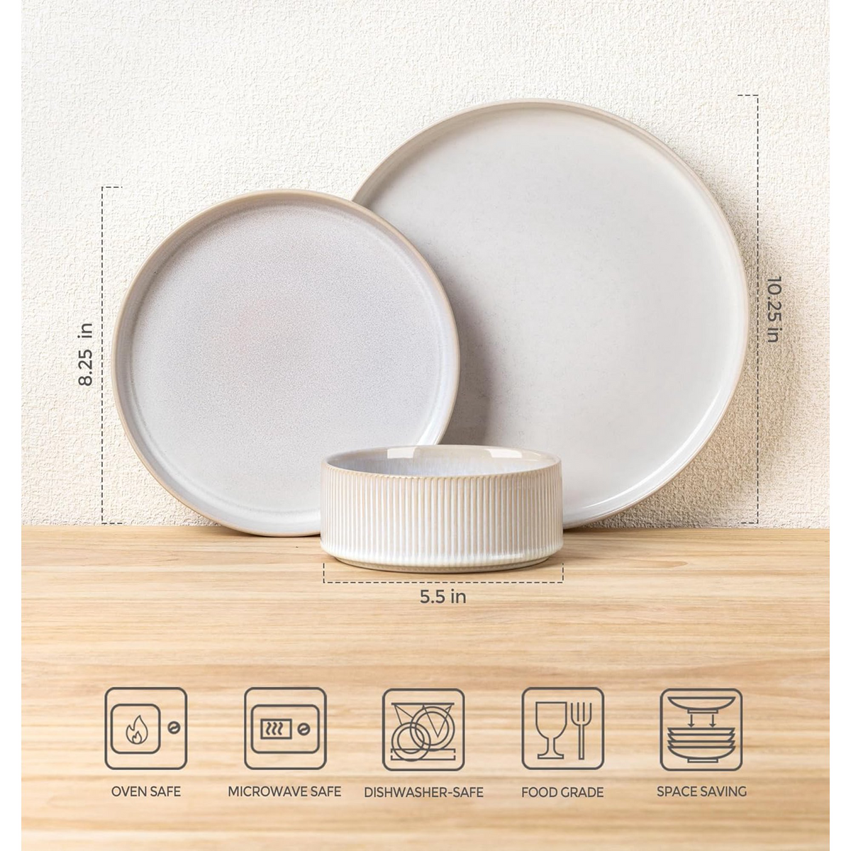 TheTerra Ceramic Dinnerware Sets for 4, 12 Pieces Porcelain Lightweight Plates and Bowls Sets, Scratch Resistant Dish Set, Oven & Microwave & Dishwasher Safe-Reactive White