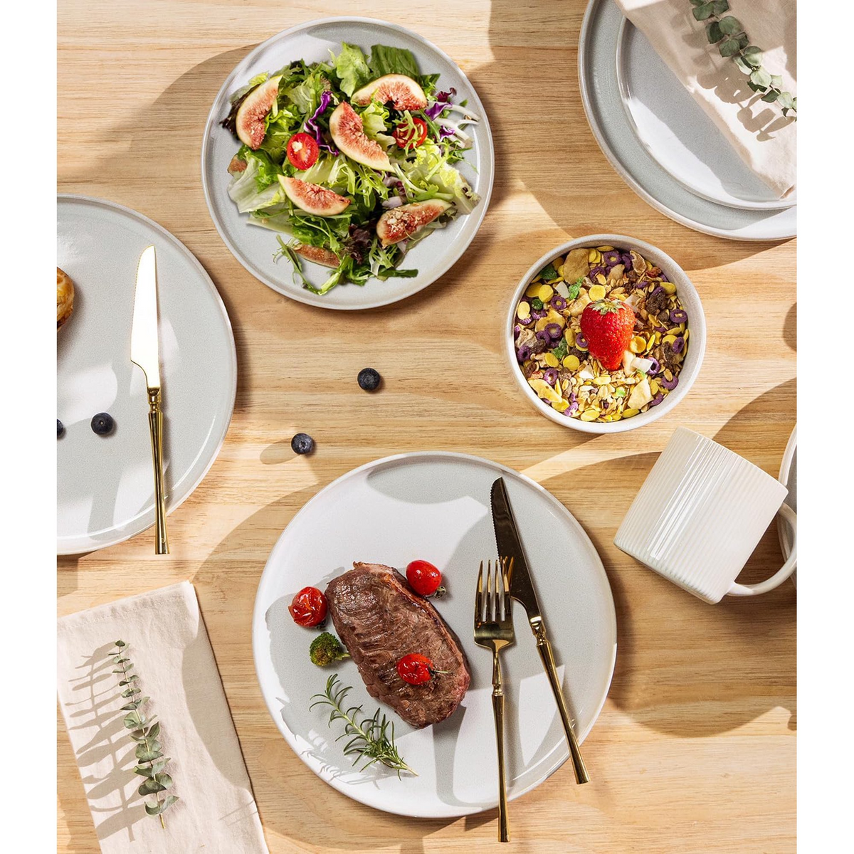 TheTerra Ceramic Dinnerware Sets for 4, 12 Pieces Porcelain Lightweight Plates and Bowls Sets, Scratch Resistant Dish Set, Oven & Microwave & Dishwasher Safe-Reactive White