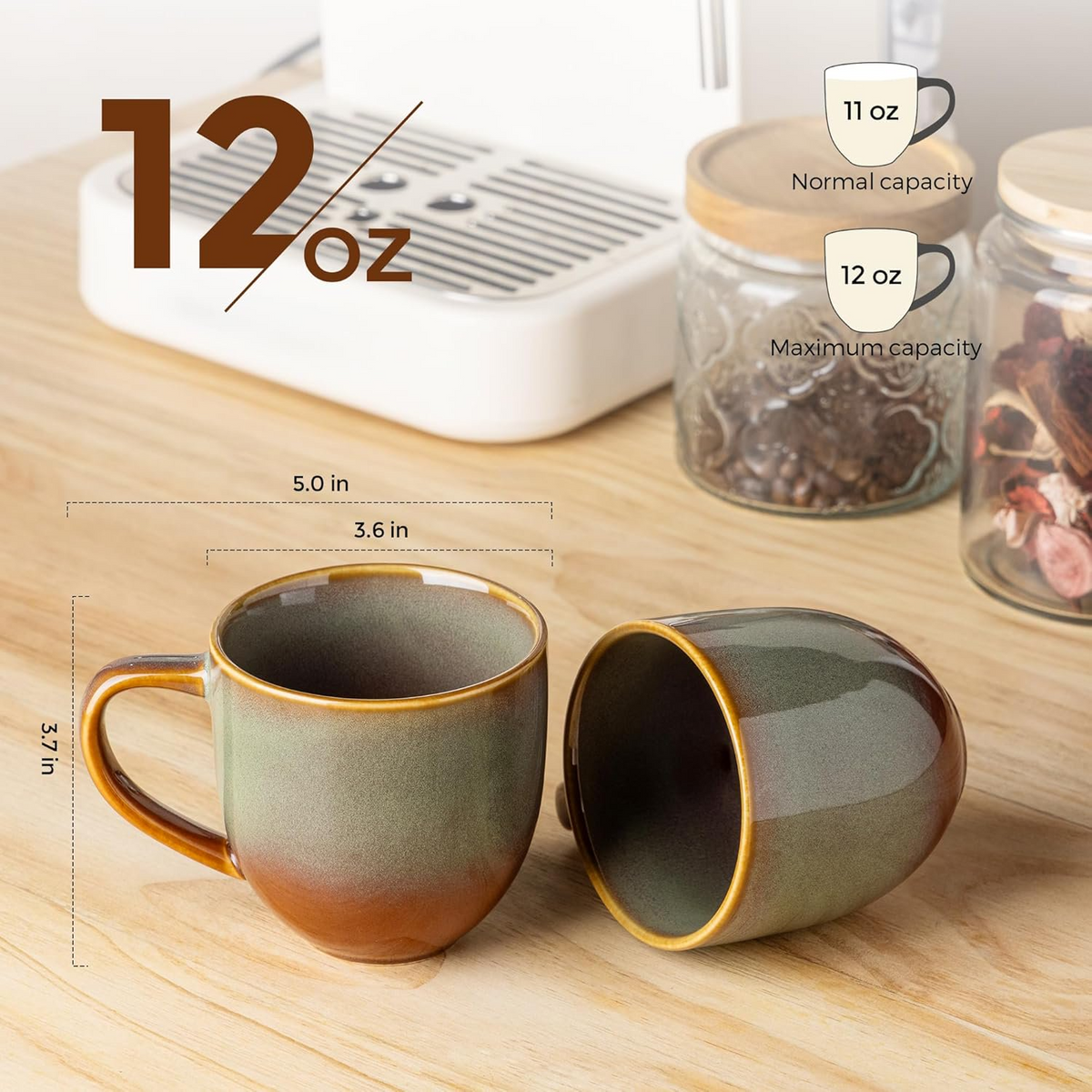 TheTerra Ceramic Coffee Mugs Set of 6, 12oz Handmade Coffee Cups with Handle for Latte, Tea, Milk, Beer, Hot Cocoa, Sage Umber