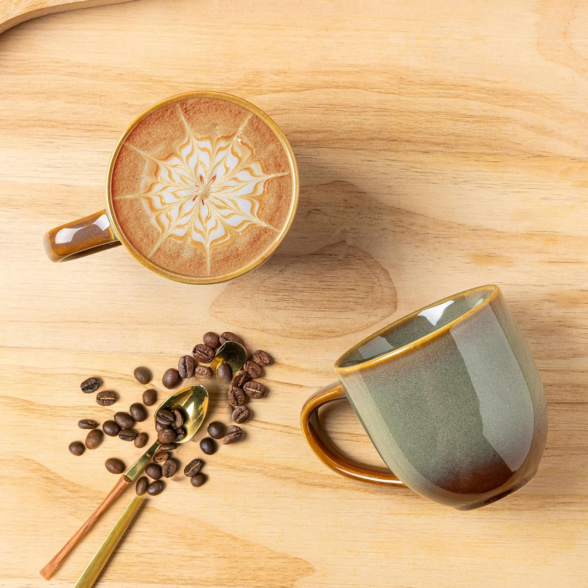 TheTerra Ceramic Coffee Mugs Set of 6, 12oz Handmade Coffee Cups with Handle for Latte, Tea, Milk, Beer, Hot Cocoa, Sage Umber