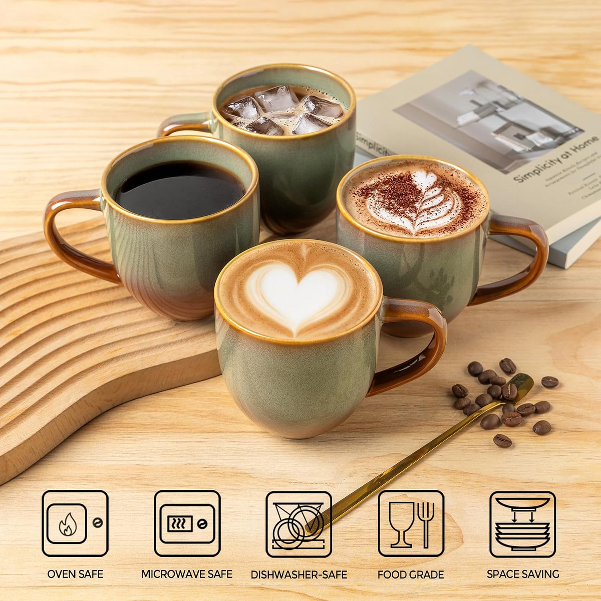 TheTerra Ceramic Coffee Mugs Set of 6, 12oz Handmade Coffee Cups with Handle for Latte, Tea, Milk, Beer, Hot Cocoa, Sage Umber
