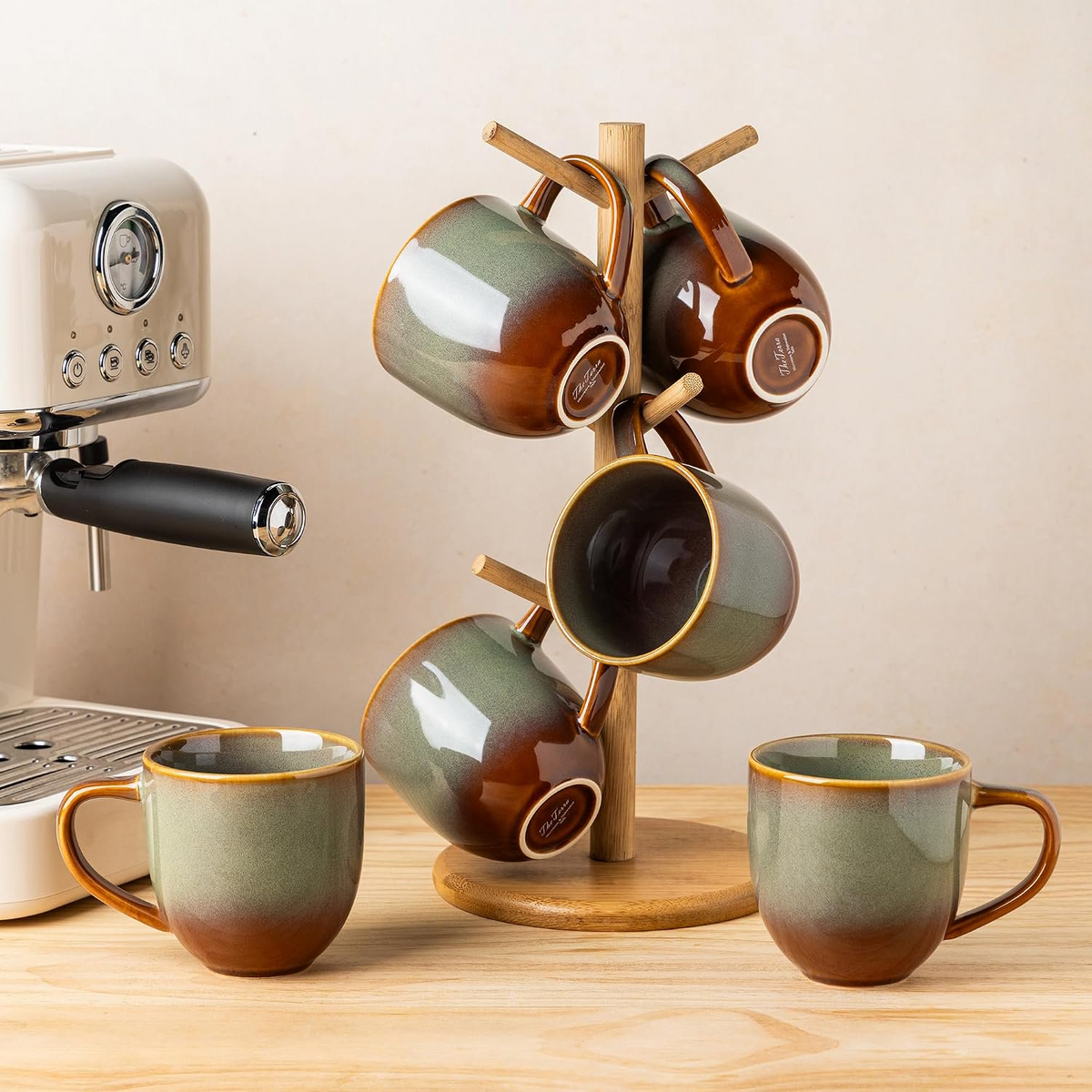 TheTerra Ceramic Coffee Mugs Set of 6, 12oz Handmade Coffee Cups with Handle for Latte, Tea, Milk, Beer, Hot Cocoa, Sage Umber