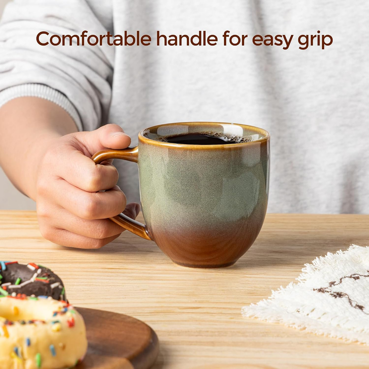 TheTerra Ceramic Coffee Mugs Set of 6, 12oz Handmade Coffee Cups with Handle for Latte, Tea, Milk, Beer, Hot Cocoa, Sage Umber