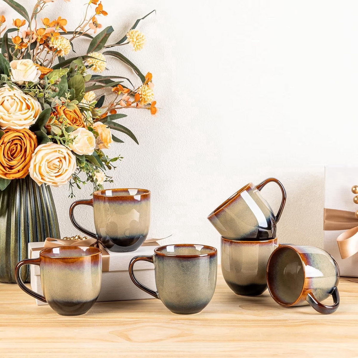 Theterra Ceramic Coffee Mugs Set of 6, 12oz Handmade Coffee Cups with Handle for Latte, Tea, Milk, Beer, Hot Cocoa, Coca Mocha
