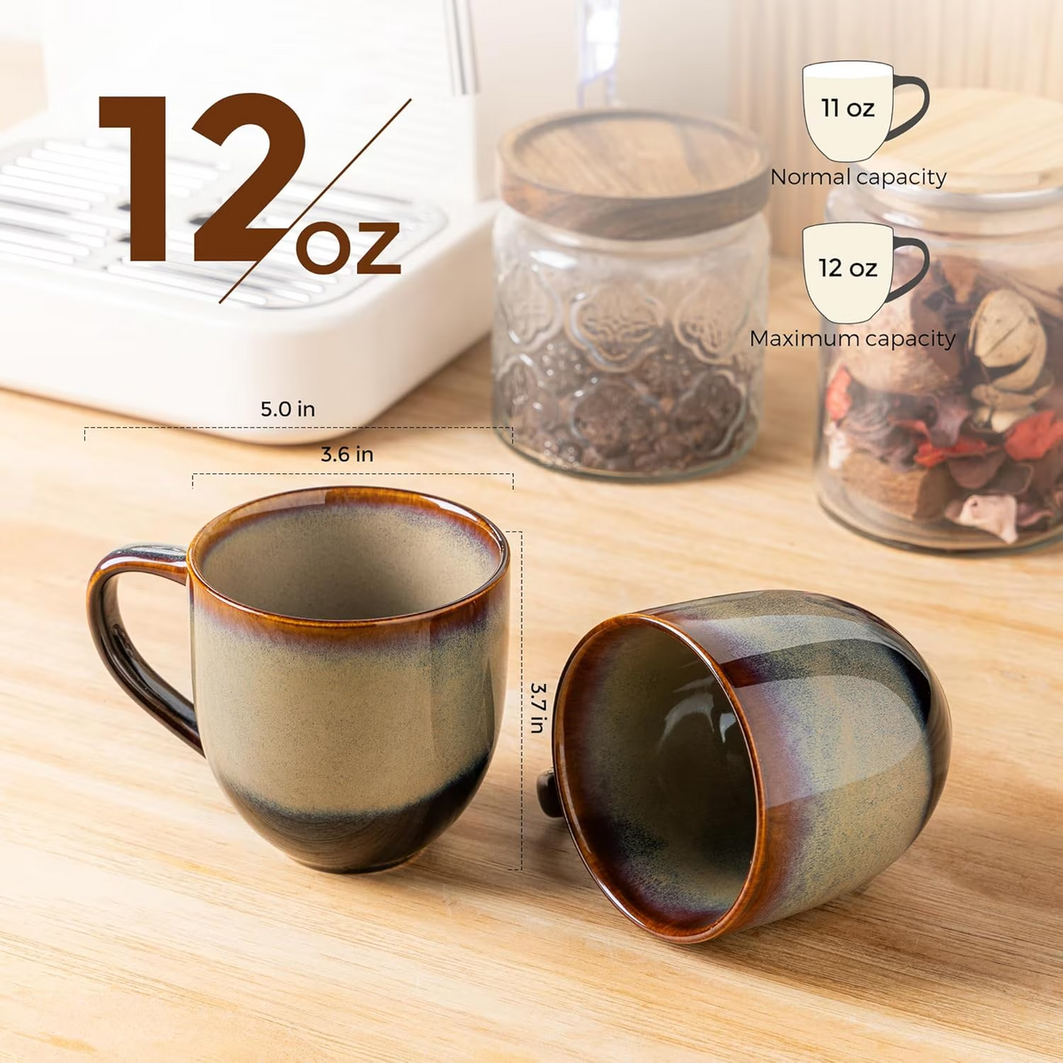 Theterra Ceramic Coffee Mugs Set of 6, 12oz Handmade Coffee Cups with Handle for Latte, Tea, Milk, Beer, Hot Cocoa, Coca Mocha
