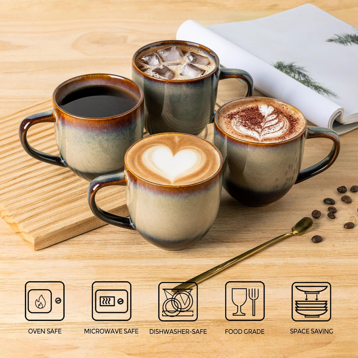 Theterra Ceramic Coffee Mugs Set of 6, 12oz Handmade Coffee Cups with Handle for Latte, Tea, Milk, Beer, Hot Cocoa, Coca Mocha