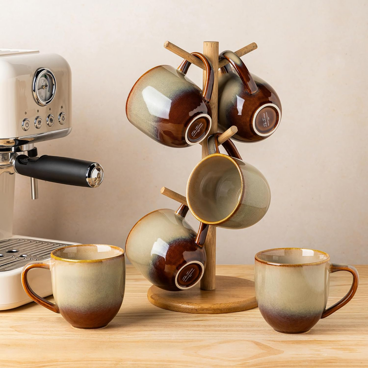 TheTerra Ceramic Coffee Mugs Set of 6, 12oz Handmade Coffee Cups with Handle for Latte, Tea, Milk, Beer, Hot Cocoa, Creamy Amber