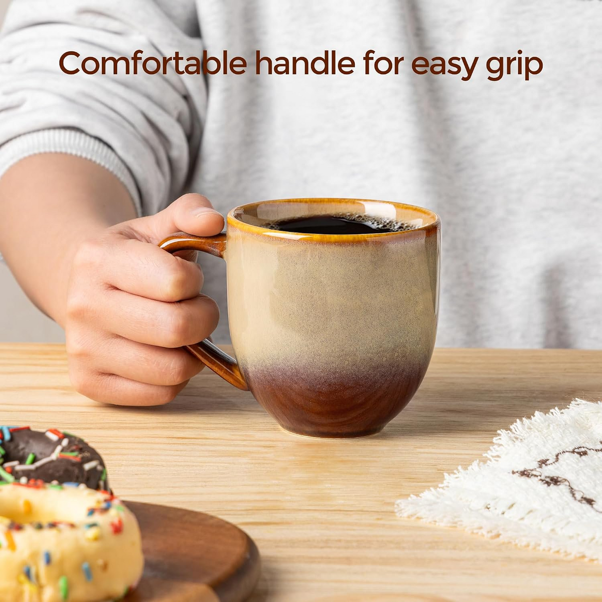 TheTerra Ceramic Coffee Mugs Set of 6, 12oz Handmade Coffee Cups with Handle for Latte, Tea, Milk, Beer, Hot Cocoa, Creamy Amber