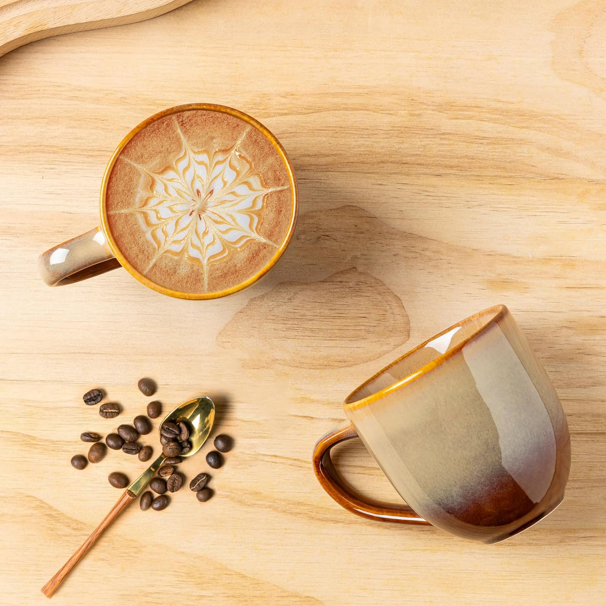 TheTerra Ceramic Coffee Mugs Set of 6, 12oz Handmade Coffee Cups with Handle for Latte, Tea, Milk, Beer, Hot Cocoa, Creamy Amber