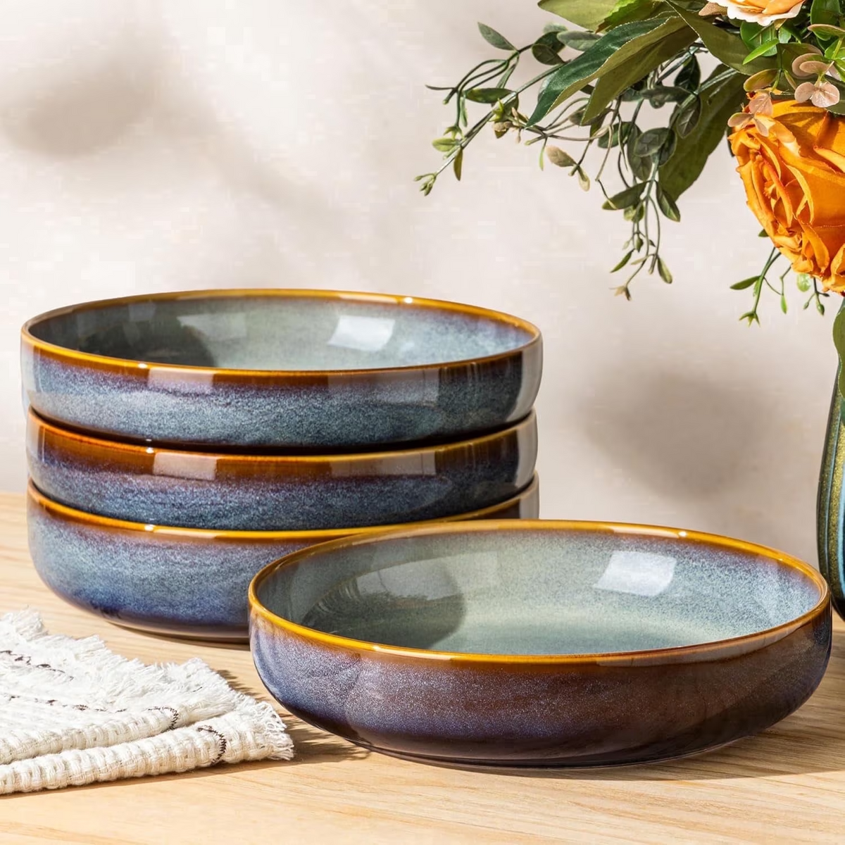 TheTerra 8.5'' Ceramic Pasta Bowls, Salad Bowls Set of 4, Stoneware Serving Bowls for Fruits, Noodle, Dinner, House-warming Wedding Present, Dusk Blue