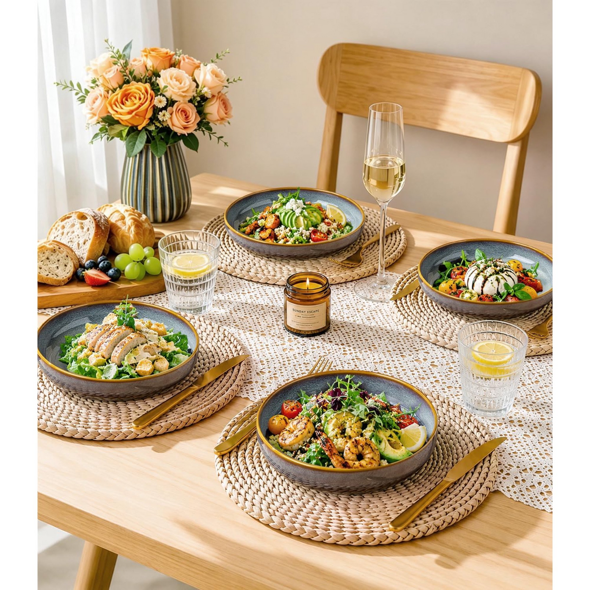 TheTerra 8.5'' Ceramic Pasta Bowls, Salad Bowls Set of 4, Stoneware Serving Bowls for Fruits, Noodle, Dinner, House-warming Wedding Present, Dusk Blue