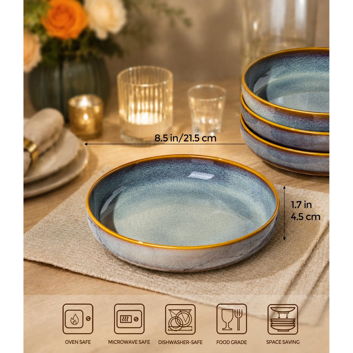 TheTerra 8.5'' Ceramic Pasta Bowls, Salad Bowls Set of 4, Stoneware Serving Bowls for Fruits, Noodle, Dinner, House-warming Wedding Present, Dusk Blue