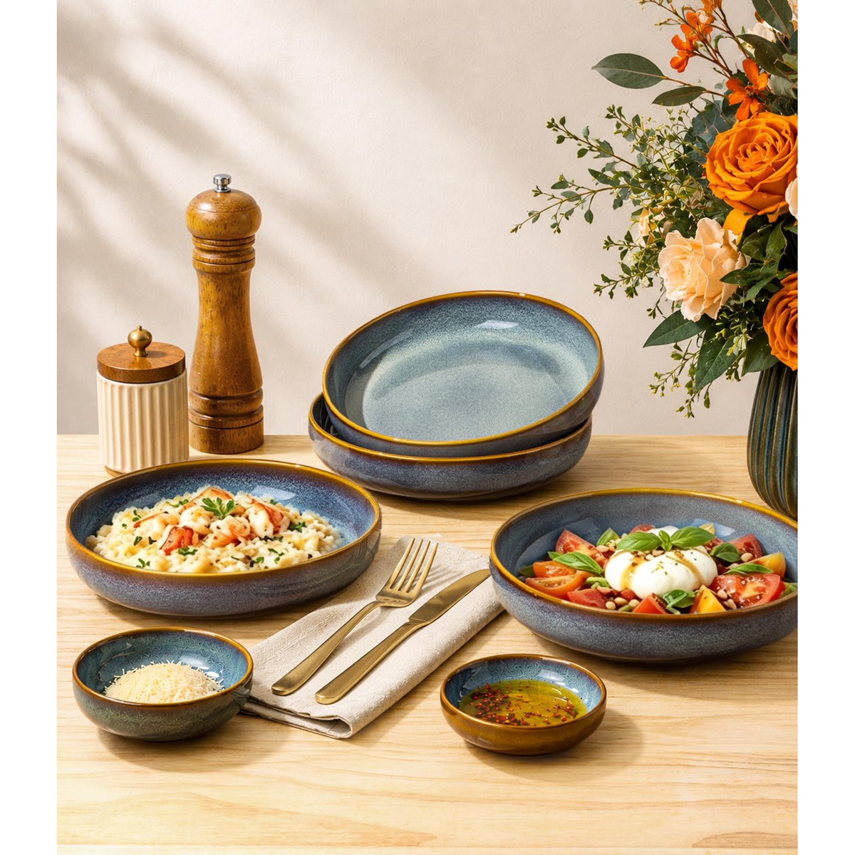 TheTerra 8.5'' Ceramic Pasta Bowls, Salad Bowls Set of 4, Stoneware Serving Bowls for Fruits, Noodle, Dinner, House-warming Wedding Present, Dusk Blue