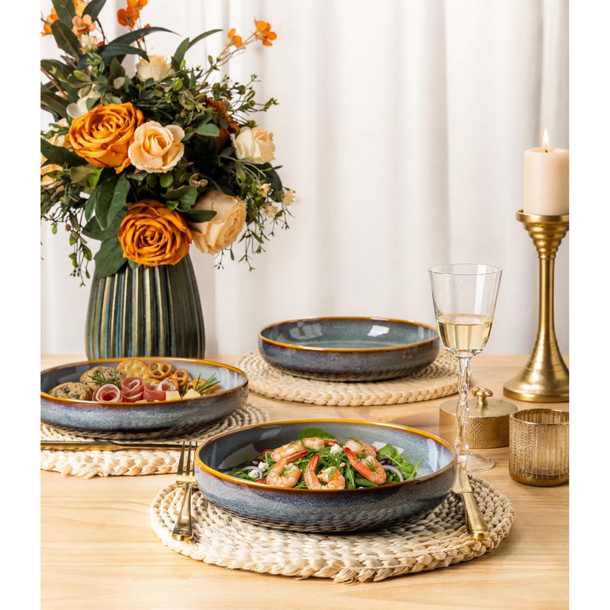 TheTerra 8.5'' Ceramic Pasta Bowls, Salad Bowls Set of 4, Stoneware Serving Bowls for Fruits, Noodle, Dinner, House-warming Wedding Present, Dusk Blue