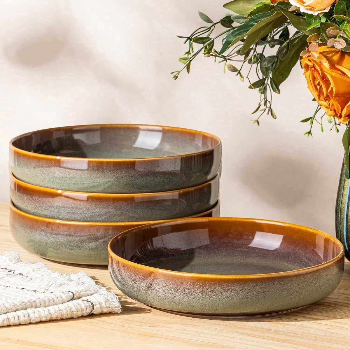 TheTerra 8.5'' Ceramic Pasta Bowls, Salad Bowls Set of 4, Stoneware Serving Bowls for Fruits, Noodle, Dinner, House-warming Wedding Present, Sage Umber