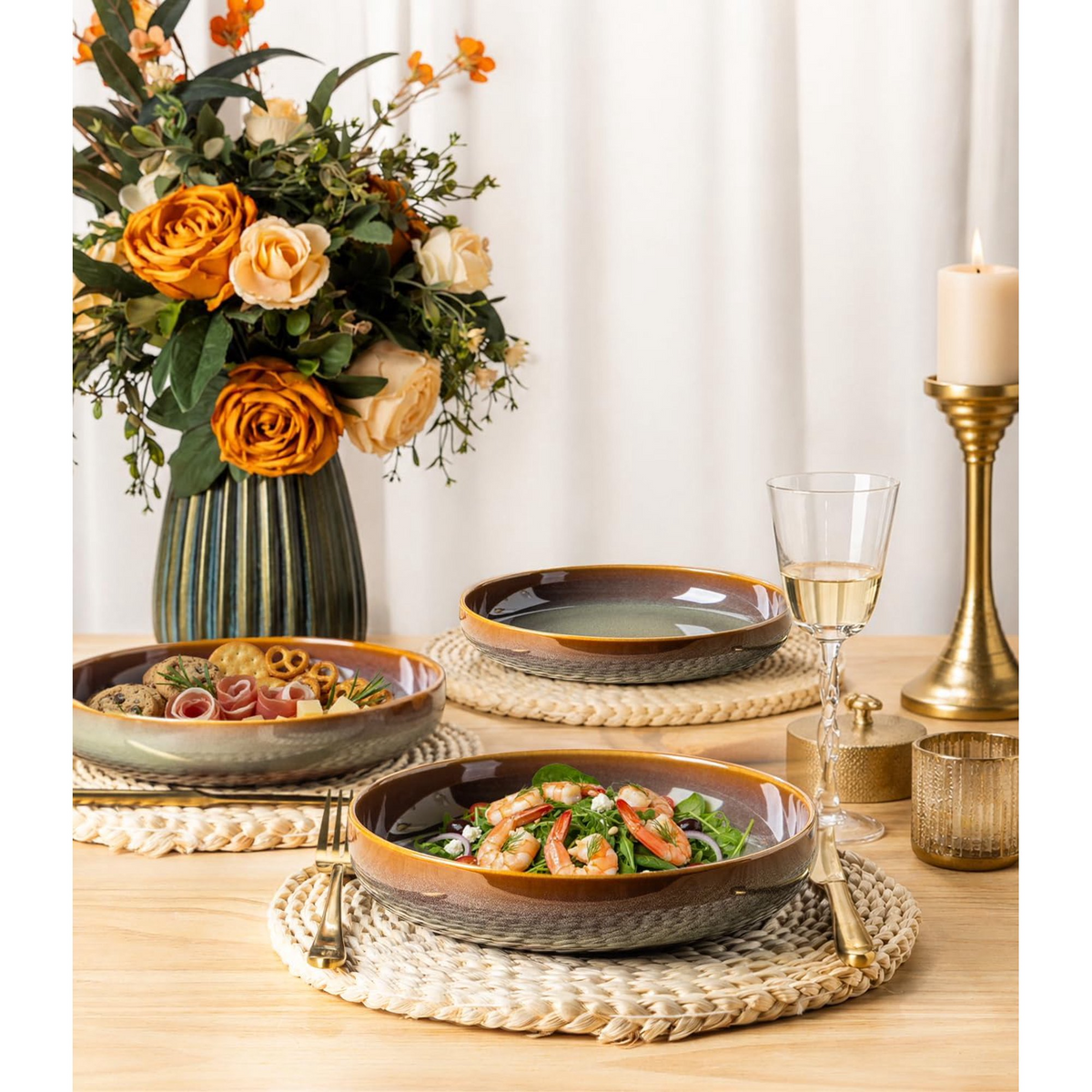 TheTerra 8.5'' Ceramic Pasta Bowls, Salad Bowls Set of 4, Stoneware Serving Bowls for Fruits, Noodle, Dinner, House-warming Wedding Present, Sage Umber