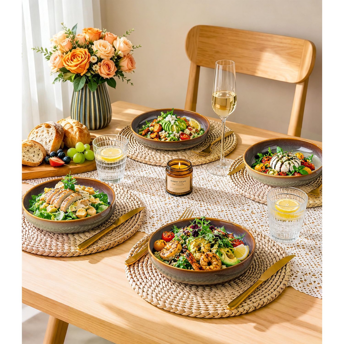 TheTerra 8.5'' Ceramic Pasta Bowls, Salad Bowls Set of 4, Stoneware Serving Bowls for Fruits, Noodle, Dinner, House-warming Wedding Present, Sage Umber