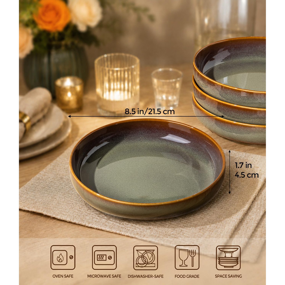 TheTerra 8.5'' Ceramic Pasta Bowls, Salad Bowls Set of 4, Stoneware Serving Bowls for Fruits, Noodle, Dinner, House-warming Wedding Present, Sage Umber