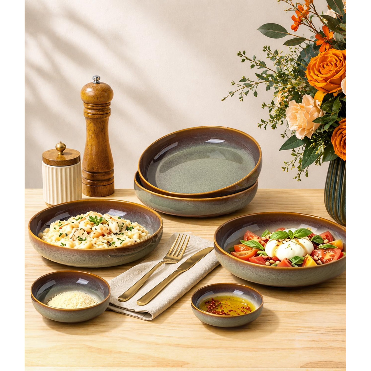 TheTerra 8.5'' Ceramic Pasta Bowls, Salad Bowls Set of 4, Stoneware Serving Bowls for Fruits, Noodle, Dinner, House-warming Wedding Present, Sage Umber