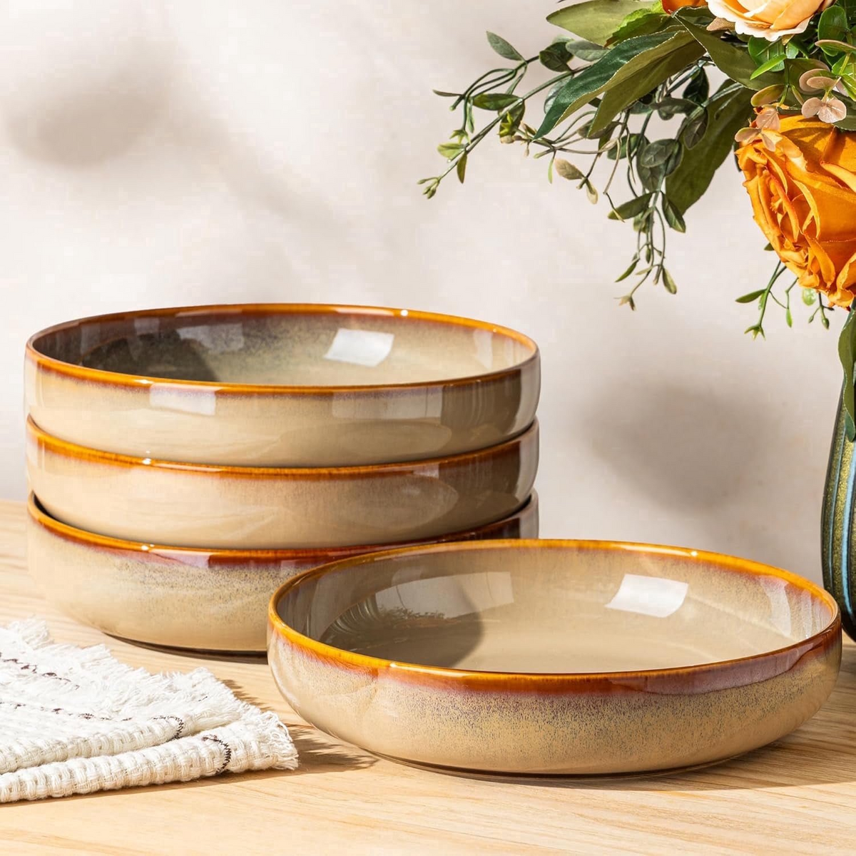 TheTerra 8.5'' Ceramic Pasta Bowls, Salad Bowls Set of 4, Stoneware Serving Bowls for Fruits, Noodle, Dinner, House-warming Wedding Present, Creamy Amber
