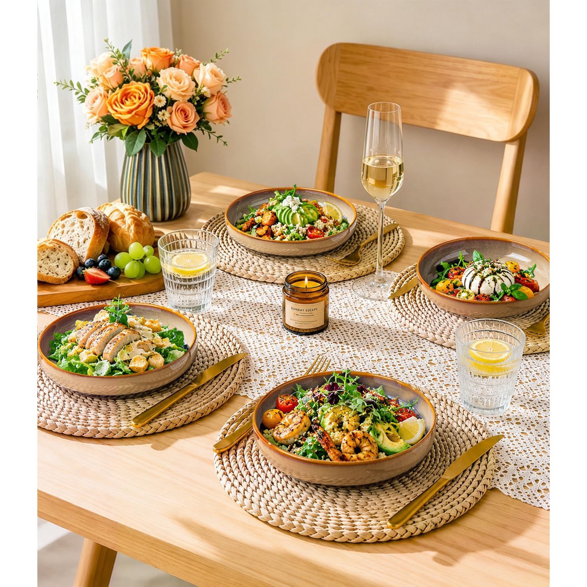 TheTerra 8.5'' Ceramic Pasta Bowls, Salad Bowls Set of 4, Stoneware Serving Bowls for Fruits, Noodle, Dinner, House-warming Wedding Present, Creamy Amber