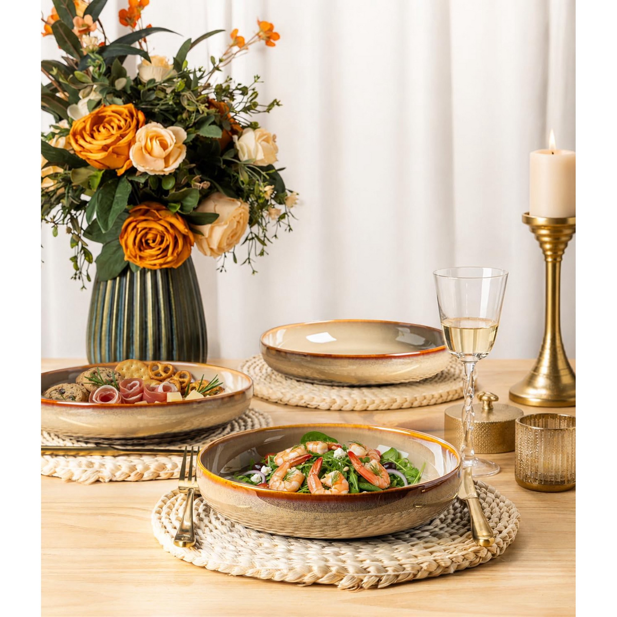TheTerra 8.5'' Ceramic Pasta Bowls, Salad Bowls Set of 4, Stoneware Serving Bowls for Fruits, Noodle, Dinner, House-warming Wedding Present, Creamy Amber