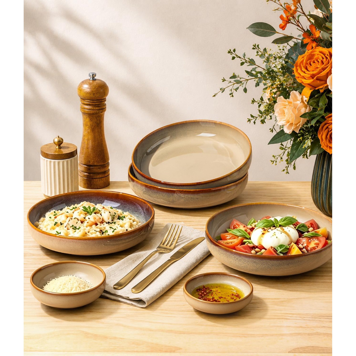 TheTerra 8.5'' Ceramic Pasta Bowls, Salad Bowls Set of 4, Stoneware Serving Bowls for Fruits, Noodle, Dinner, House-warming Wedding Present, Creamy Amber